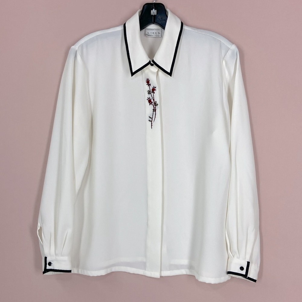 Koret 90s Vintage Ivory Floral Embroidered Button Up Shirt Size 10